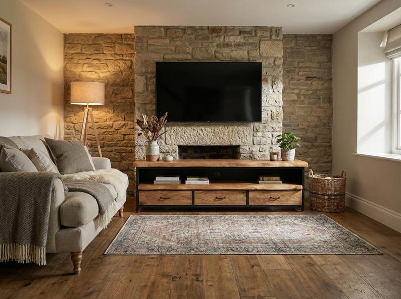 Puede incluir: Un mueble de televisi&oacute;n rectangular de madera con una superficie de borde natural, tres cajones con tiradores de metal oscuro y un estante abierto. La unidad cuenta con un marco de metal negro y se sit&uacute;a contra una pared de piedra bajo un televisor.