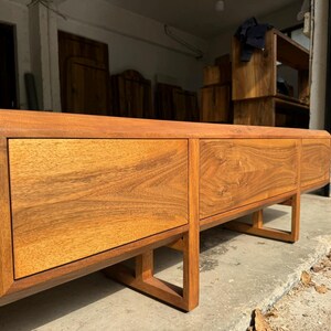 Solid walnut TV stand, handcrafted design with push-to-open doors and drawers