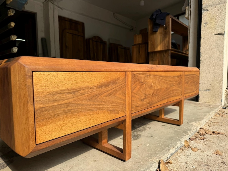 Solid walnut TV stand, handcrafted design with push-to-open doors and drawers