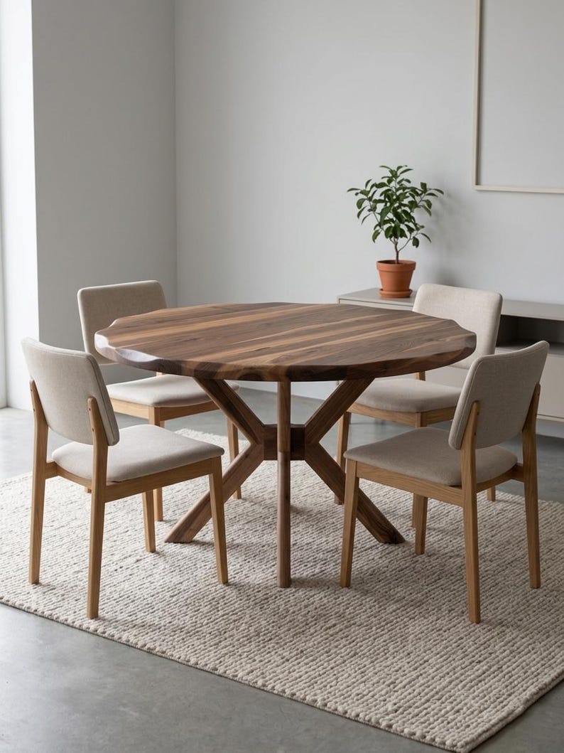 May include: A round wooden dining table with a dark brown finish, surrounded by four chairs with beige upholstered seats and light wood frames. The table sits on a beige rug, with a small potted plant in the background.