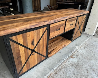 Industrial Walnut Sideboard – Handmade Solid Wood and Metal Console Cabinet, Rustic Modern Storage Unit