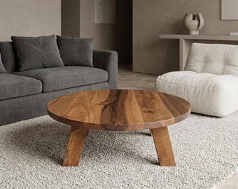Round Wooden Coffee Table, Minimalist Solid Wood Living Room Furniture, Japandi Design