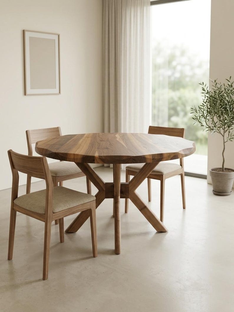 May include: A wooden dining table with a unique, multi-sided design, surrounded by four wooden chairs with beige upholstered seats. The table has a natural wood grain finish. A framed picture hangs on the wall, and a potted plant sits nearby.