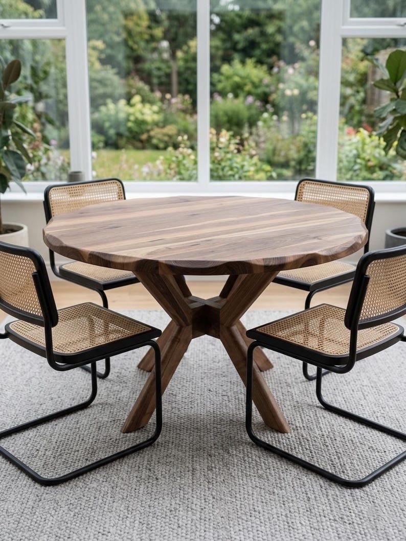 May include: A round wooden dining table with a unique, textured edge, supported by a cross-shaped base. Four chairs with black metal frames and woven cane backs surround the table. The room has a neutral color palette with a light gray rug.