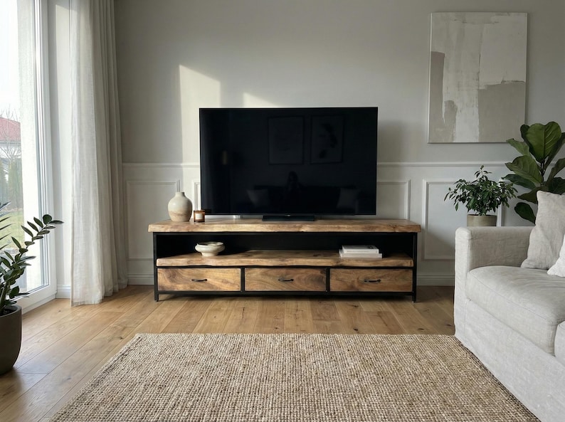 Puede incluir: Un mueble de televisi&oacute;n rectangular con una superficie de madera natural de borde vivo y tres cajones inferiores con herrajes de metal negro. La unidad est&aacute; sostenida por un marco de metal negro e incluye un estante abierto bajo la superficie.