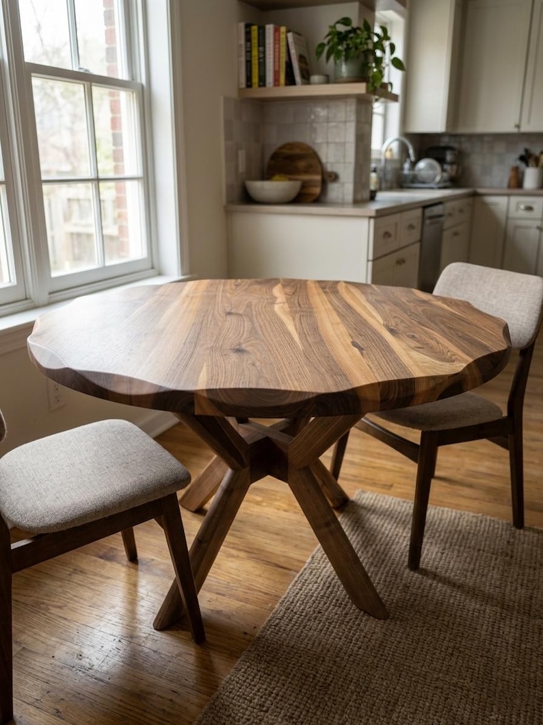 May include: A round wooden dining table with a unique, wavy edge. The table is supported by a crossed-leg base and is surrounded by two chairs with light-colored upholstered seats. The table sits on a woven rug in a well-lit kitchen.