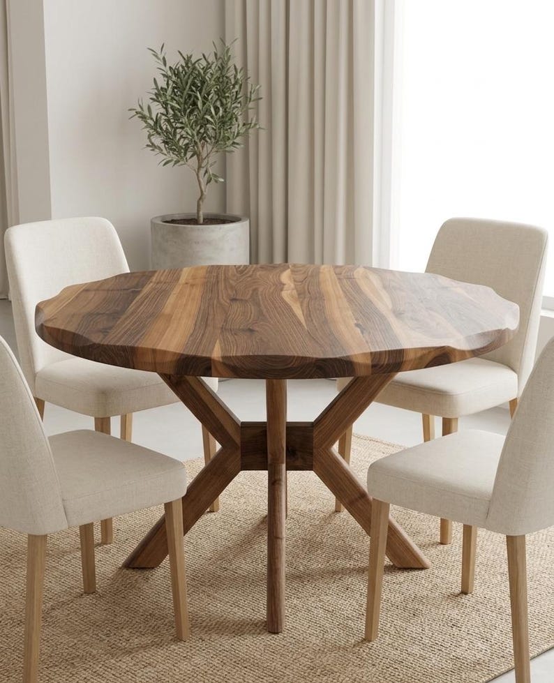 May include: A solid wood dining table with a unique, organic edge design. The table is supported by a sturdy, crossed-leg base. Four cream-colored upholstered chairs surround the table. A potted olive tree is in the background.