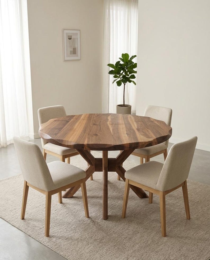 May include: A round wooden dining table with a unique, organic edge, surrounded by four beige upholstered chairs. The table is supported by a dark wood base. The chairs have light wood legs. The room has a neutral color palette.