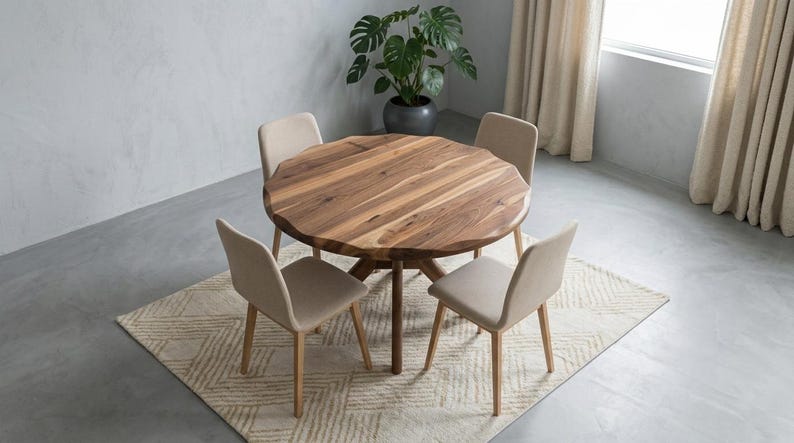 May include: A round wooden dining table with a natural wood grain finish, surrounded by four beige upholstered chairs. The table sits on a patterned rug, with a potted plant in the background. The room has neutral-toned walls and curtains.