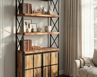 Walnut Wood Bookshelf: Industrial Metal Shelving & Cabinet