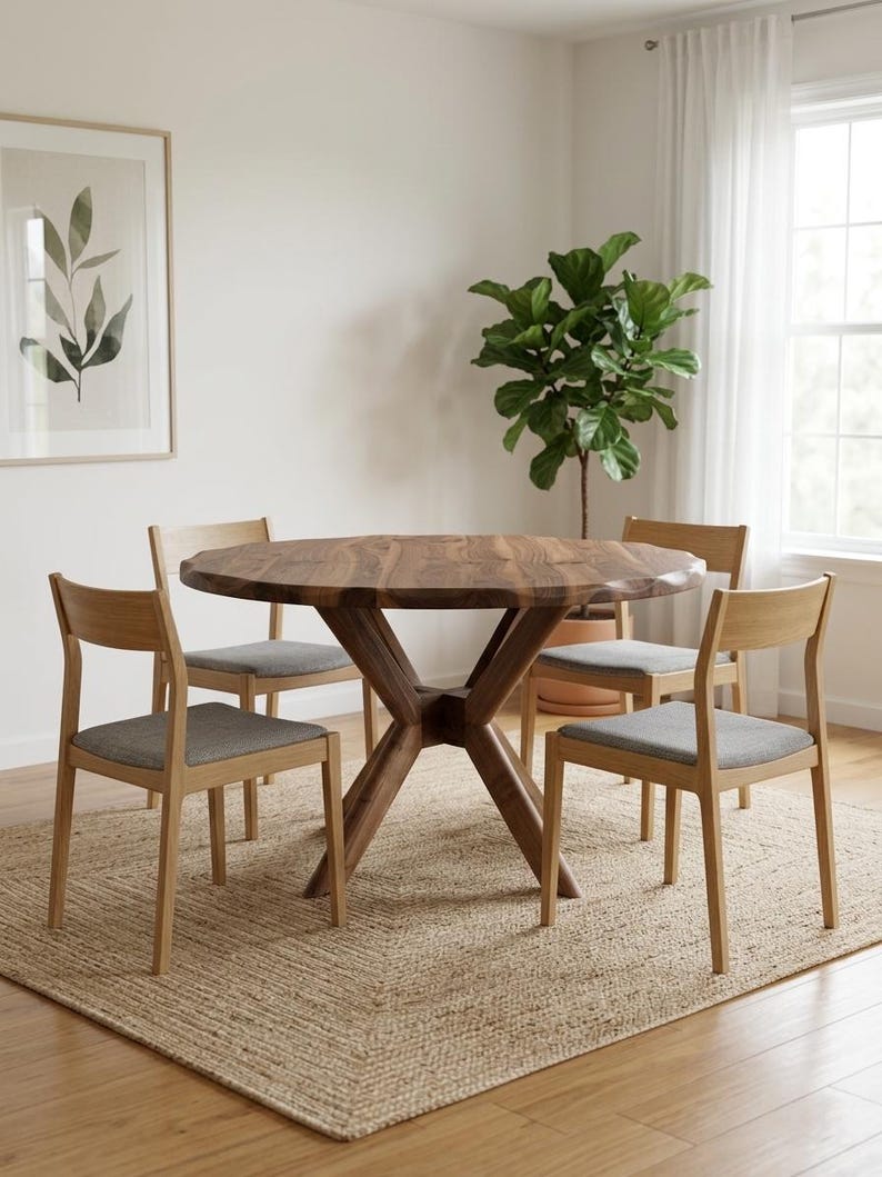 May include: A round wooden dining table with a dark finish, supported by a unique cross-shaped base. Four wooden chairs with gray upholstered seats surround the table. The scene is set on a woven jute rug.
