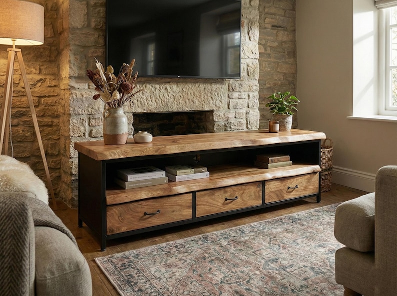 Puede incluir: Un mueble de televisi&oacute;n rectangular con una superficie de madera natural de borde vivo y tres cajones con tiradores de metal oscuro. La unidad cuenta con un marco de metal negro, un estante abierto para libros y una base de madera maciza.
