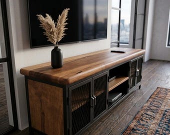 Walnut TV Stand with Metal Mesh Doors, Industrial Media Console, Solid Wood Entertainment Center, Rustic TV Unit, Handmade Loft Furniture