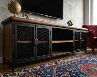 Walnut TV Stand with Metal Mesh Doors, Industrial Media Console, Solid Wood Entertainment Center, Rustic TV Unit, Handmade Loft Furniture