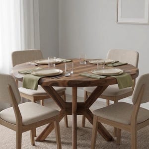 May include: A round wooden dining table set for four people. The table has a natural wood finish and is surrounded by four beige upholstered chairs. Each place setting includes a plate, glass, silverware, and a green napkin. The room has a neutral color palette.