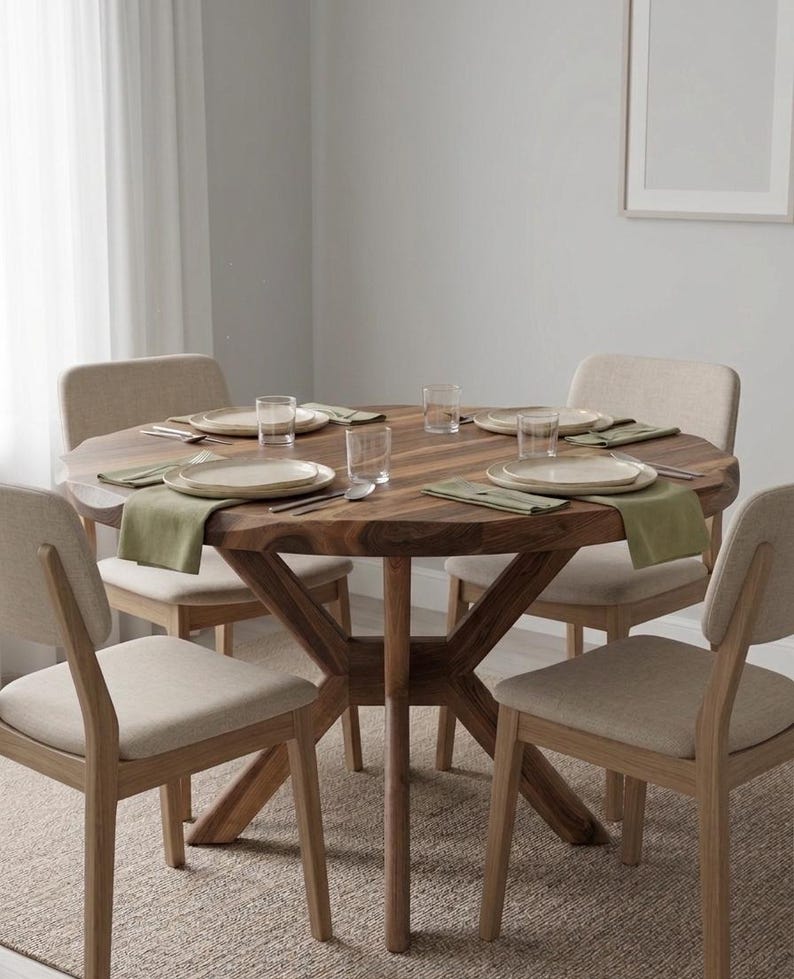 May include: A round wooden dining table set for four people. The table has a natural wood finish and is surrounded by four beige upholstered chairs. Each place setting includes a plate, glass, silverware, and a green napkin. The room has a neutral color palette.