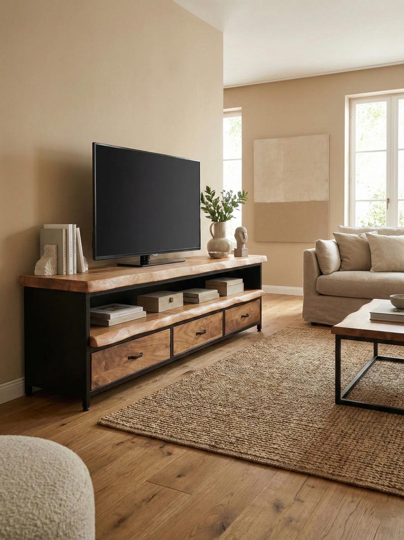 Puede incluir: Un mueble multimedia largo con una superficie y estante de madera natural de borde vivo, sostenido por un marco de metal negro. La unidad incluye tres cajones inferiores con tiradores de metal oscuro y un estante abierto con libros y cajas.