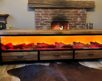 Handcrafted Walnut TV Stand with Electric Fireplace and Bluetooth Media Console