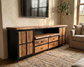Handmade Walnut Wood and Metal TV Unit – Modern Solid Wood Media Console