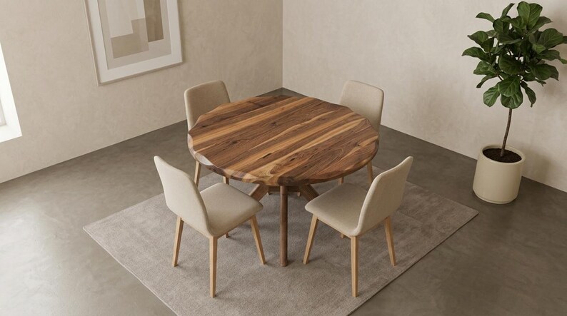 May include: A wooden dining table with a natural wood grain finish, surrounded by four beige upholstered chairs. The table sits on a light gray rug. A potted plant is in the background. The room has a neutral color palette.