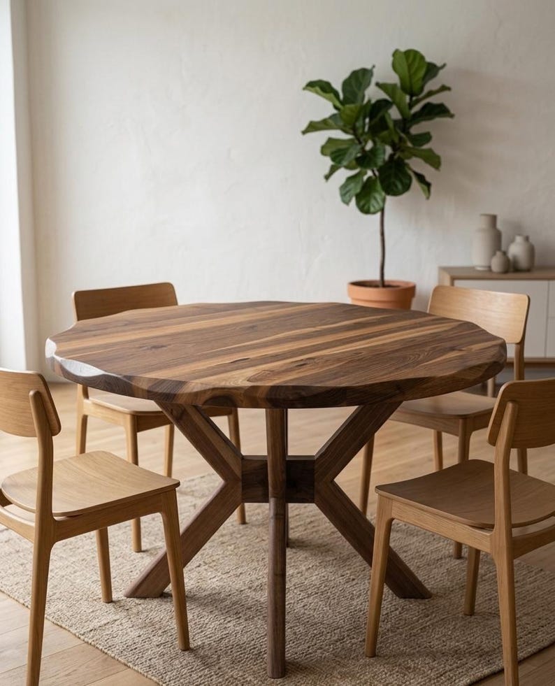 May include: A round wooden dining table with a natural wood grain finish, surrounded by four wooden chairs. The table has a unique, organic edge. A potted plant and neutral-toned decor are in the background.