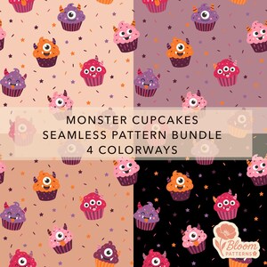 Op de afbeelding: Een naadloos patroonpakket met monster-cupcakes met hoorns en meerdere ogen in vier kleurvarianten. De tekst luidt MONSTER CUPCAKES SEAMLESS PATTERN BUNDLE 4 COLORWAYS. De achtergrondkleuren zijn licht perzik, mauve, beige en zwart met sterren.