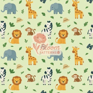 Op de afbeelding: Een herhalend patroon met cartoon dieren op een lichtgroene achtergrond. Het ontwerp bevat olifanten, giraffen, zebra's, leeuwen, apen, hoeden, bladeren en een verrekijker. De tekst "Bloom Patterns" is ook aanwezig.