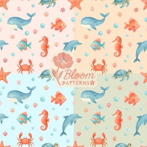 Op de afbeelding: Een aquarelpatroon met verschillende mariene elementen. Het ontwerp bevat walvissen, vissen, zeepaardjes, dolfijnen, krabben, schildpadden en zeesterren, samen met bellen en koraal. Het kleurenpalet is zacht, met tinten blauw, oranje en roze. De tekst "Bloom Patterns" is ook aanwezig.