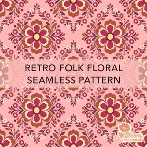 Pink Retro Folk Floral Seamless Pattern PNG, Vintage Flower Digital Paper, Fabric Pattern, 12x12 Inch