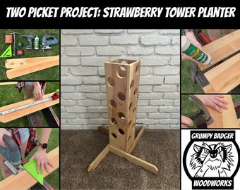 Strawberry Tower Planter Plans: Two Picket Project using only the pictured tools and two fence pickets Easy Beginner Woodworking Project