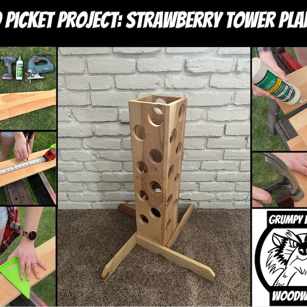 Strawberry Tower Planter Plans: Two Picket Project using only the pictured tools and two fence pickets Easy Beginner Woodworking Project