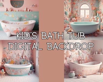 Puede incluir: Cuatro fondos digitales que presentan una bañera rosa y azul con diseños florales y caprichosos. Los fondos son perfectos para fotógrafos y artistas digitales que desean crear imágenes únicas y creativas.