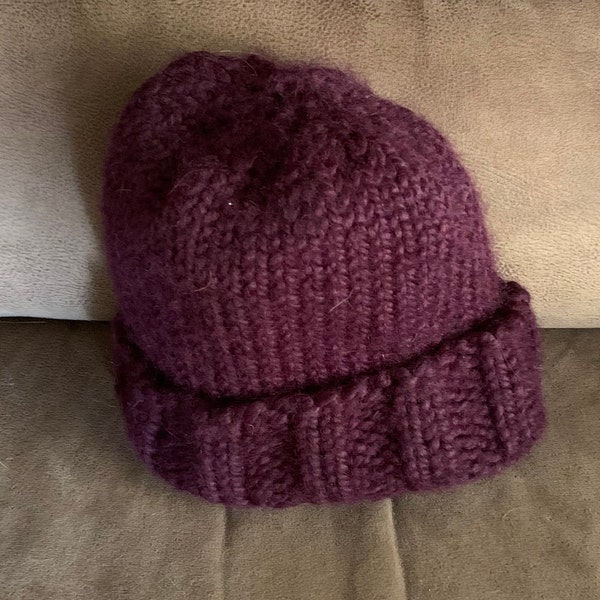Cozy Handmade Knit Winter Hat for Women - Burgundy Rolled Brim Beanie, Fits Small to Average Size
