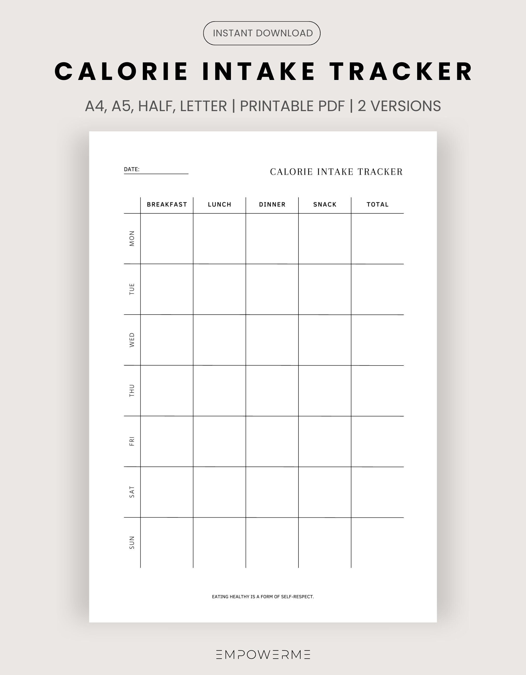 Weekly Calorie Tracker, Printable Calorie Intake Tracker, Calorie Chart