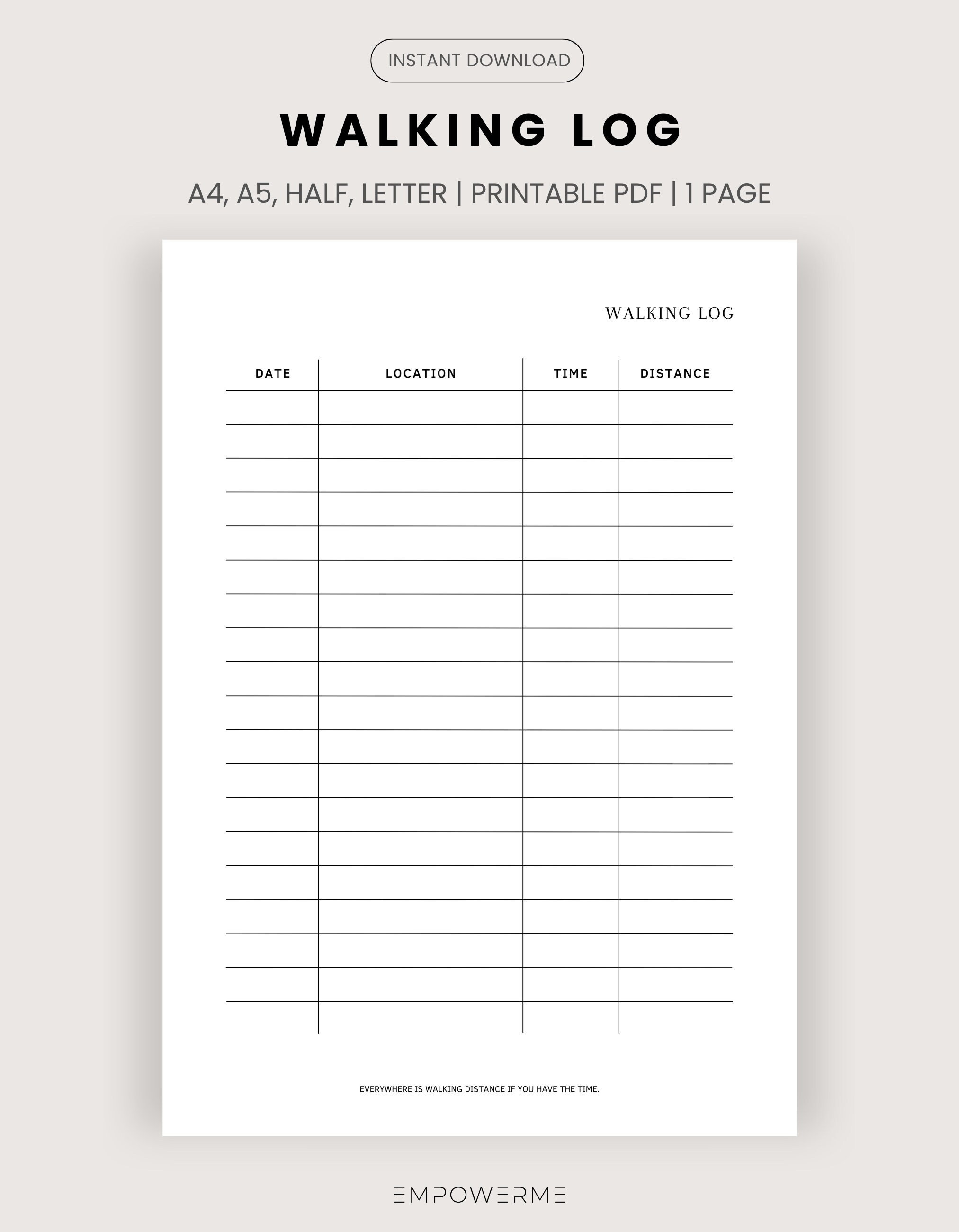 Minimalistic Walking Tracker Printable Template, Walking Journal