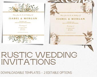 以下が含まれることがあります： 金色のアクセントと花柄のデザインが施された、素朴な結婚式の招待状テンプレート2つ。テキストには「Please Join Us For the Wedding of Isabel & Morgan」とあり、式典の日時と場所が記載されています。