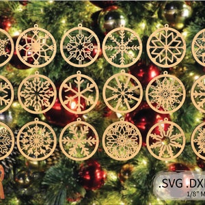 May include: Set of 18 wooden snowflake ornaments, each with a unique design. The ornaments are 1/8 inch thick and are perfect for adding a festive touch to your Christmas tree.