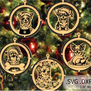 May include: Five laser cut wooden Christmas ornaments featuring a chihuahua dog in various poses. The ornaments are round and have a cutout design. The dog is wearing a Santa hat in some of the ornaments. The ornaments are 1/8" thick and are available in SVG, DXF, and AI formats.