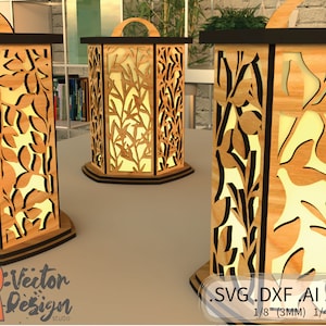 May include: Three wooden candle lanterns with a floral design cut out. The lanterns are made of light brown wood with black accents. The lanterns are lit and glowing. The text on the image reads '.SVG.DXF.AI.PDF 1/8" (3MM) 1/4" (6MM)'