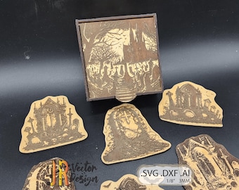 Graveyard Coaster Set with Box SVG DXF AI