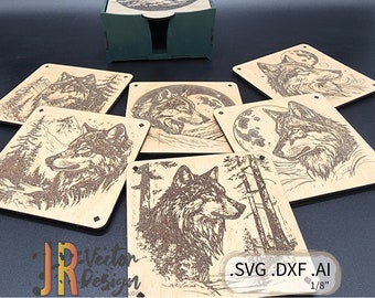 Wolf Coaster Set with Box SVG DXF AI
