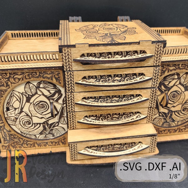 Boîte à bijoux rose en filigrane avec tiroirs SVG DXF AI