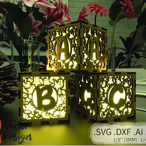 Baby bouwstenen met sterren Aangepaste naam Letters SVG DXF Laser Glowforge Vector Bestand Houtgravure Snijden Glow Forge CNC ai Lampenkap