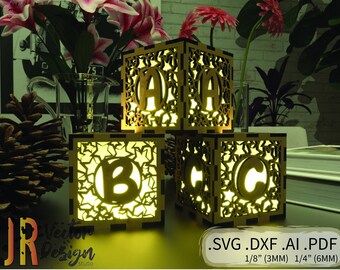Baby Building Blocks with Stars Custom Name Letters SVG DXF Laser Glowforge Vector File Wood Engraving Cutting Glow Forge CNC ai Lampshade