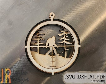 Bigfoot Hunters Ornament  - SVG DXF Laser Glow forge Vector Woods Wild Sasquatch Mountains