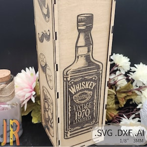May include: Wooden box with a laser engraved design of a whiskey bottle with the text "Whiskey Old Style Vintage 1970 Limited". The box is 1/8" thick and 3mm thick. The box is also engraved with a mustache, a lemon, and a glass of whiskey.
