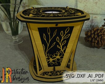 Votive Candle Holder SVG DXF Laser Cutter Flower Engraved 3d model