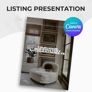 Puede incluir: Una plantilla de presentación de listado con el texto "LISTING PRESENTATION" en la parte superior. La presentación incluye el texto "YOUR HOME, OUR STRATEGY, MAXIMUM RESULTS". Una insignia "Made in Canva" está en la esquina superior derecha.