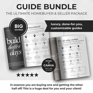 Puede incluir: Un paquete de guías para compradores y vendedores de viviendas. La imagen muestra una pila de guías abiertas con el texto "build better days" y "13 step selling roadmap". Las guías son editables en Canva y ofrecen grandes ahorros.
