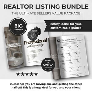 Puede incluir: Un paquete de listados de agentes inmobiliarios con el texto "BIG SAVINGS" y "Professional photography". El paquete incluye guías personalizables y es editable en Canva. La imagen también presenta una hoja de ruta de 13 pasos para la venta de viviendas.